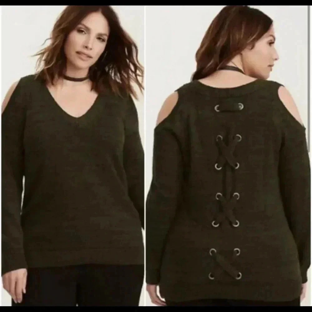 Torrid Green Cold Shoulder Lace Up‎ Corset Style Sweater 0